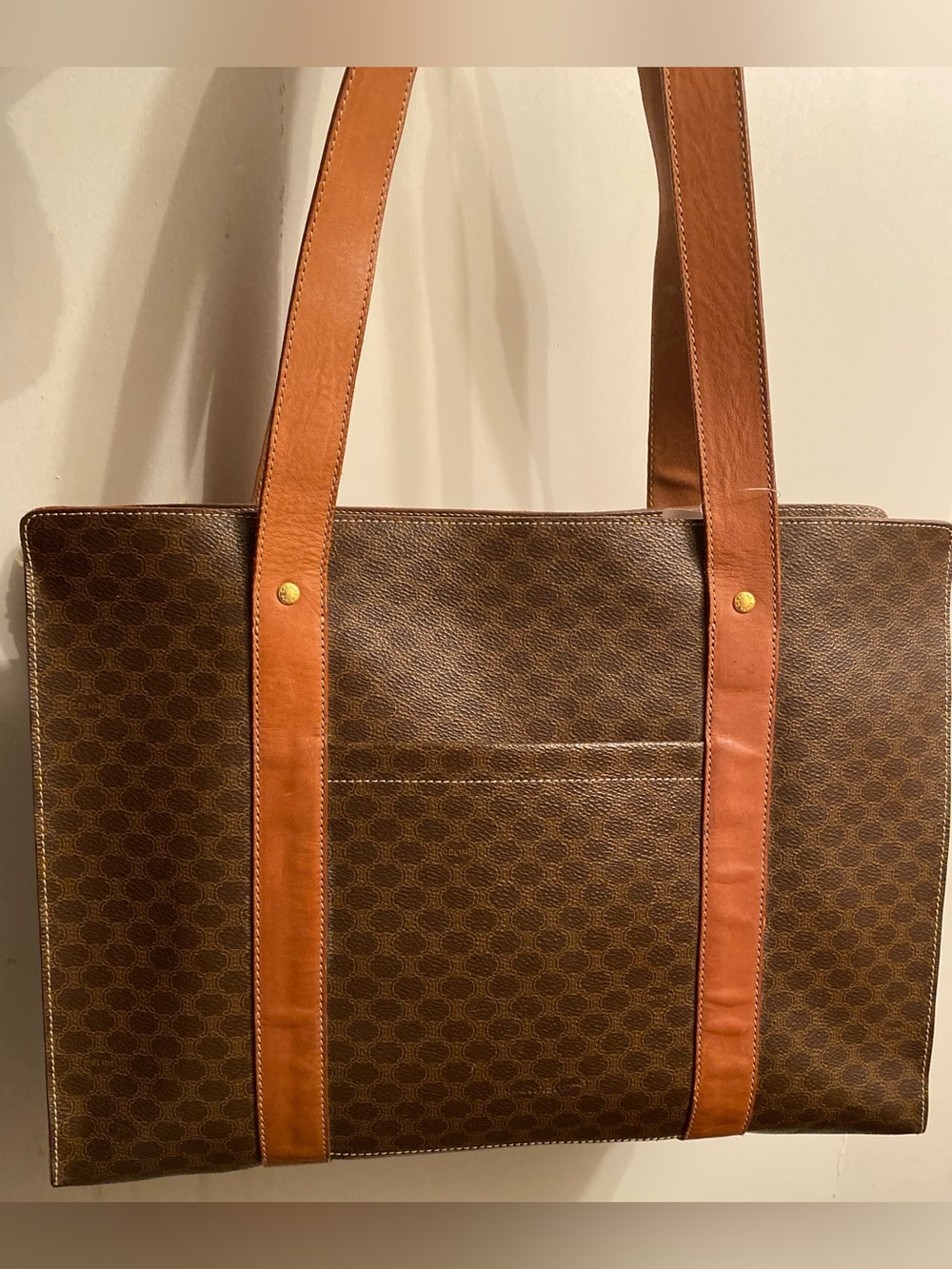 Celine Brown Monogram Tote with Tan Leather Straps